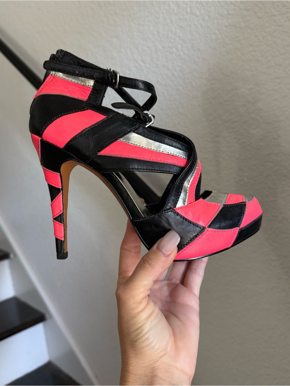 Michael Shannon Neon Patchwork Geometric Strappy Platform Stiletto Heels Sz: 6